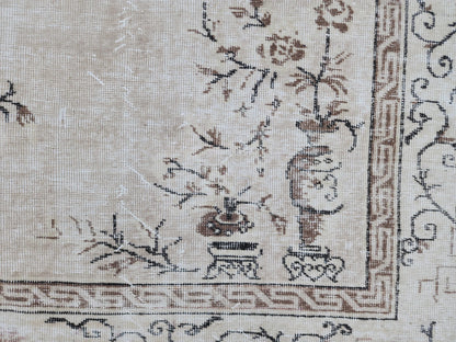 Vintage Oushak Wool Rug 7x10: Muted Medallion Turkish Design