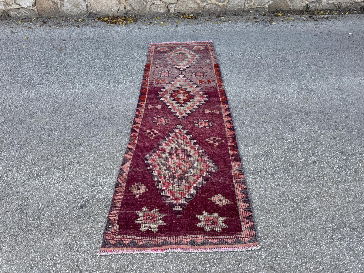 2x8 Tribal Medallion Runner: Handwoven Turkish Wool Purple and Red with Geometric Motifs