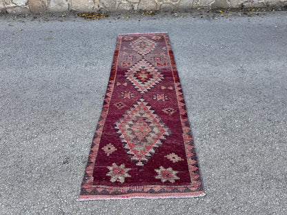 2x8 Tribal Medallion Runner: Handwoven Turkish Wool Purple and Red with Geometric Motifs
