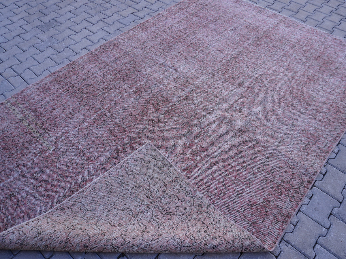 Handwoven Turkish Rug 7x10: Faded Red Wool & Cotton, Dining Room Decor