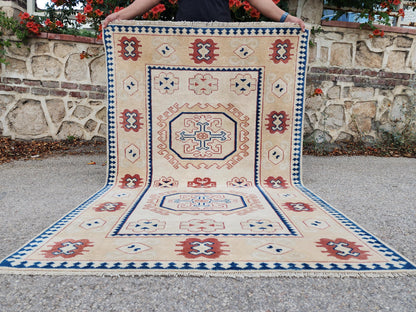 4x6 Hand Made Anatolian Rug,  Pink, Blue, Red Distressed Area Carpet, Farmhouse Decor