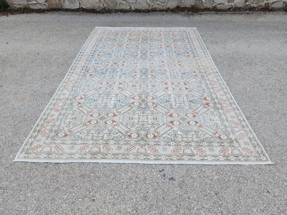 6x9 Neutral Turkish Rug: Geometric Wool & Cotton, Rustic Dining Room Decor