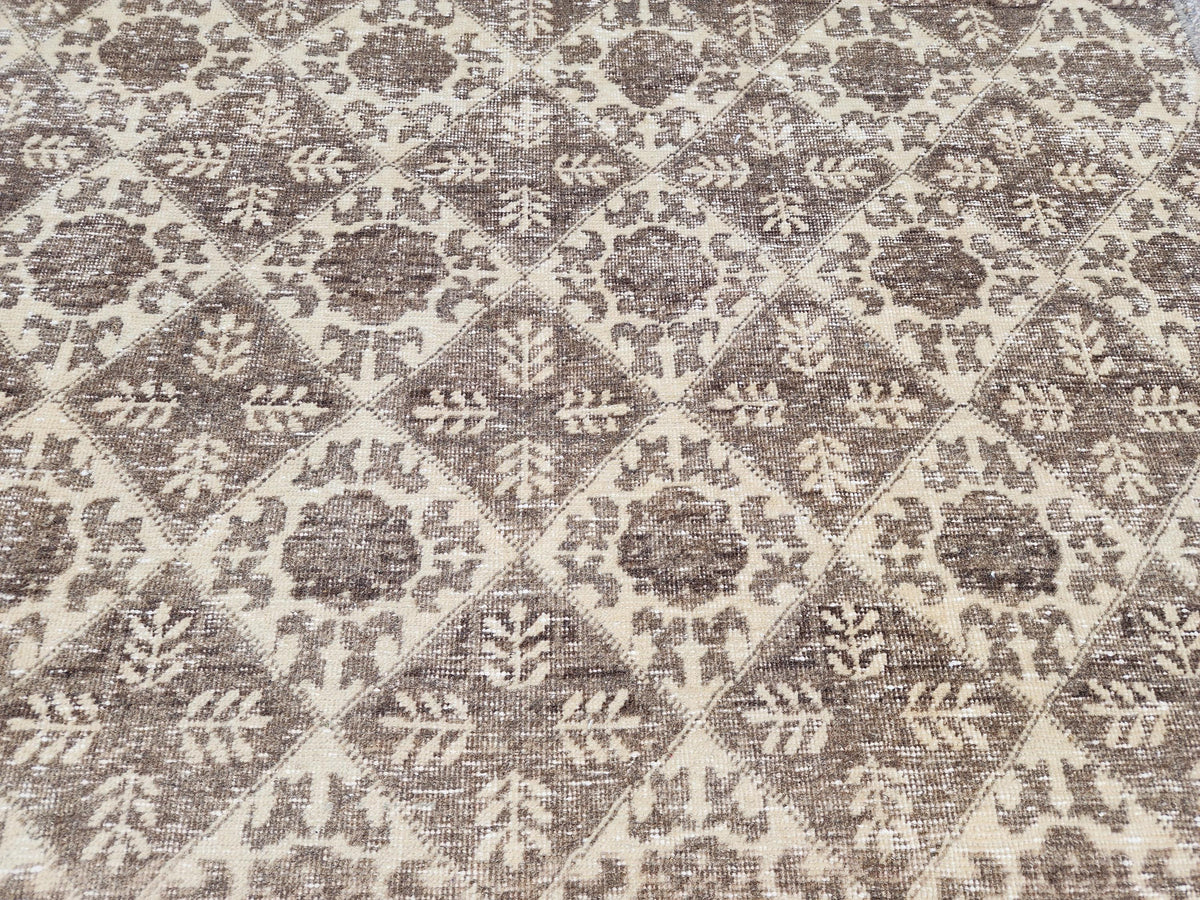 3x7 Vintage Area Rug, Brown Geometric Design Carpet, Hand Made Turkish Wool