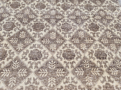 3x7 Vintage Area Rug, Brown Geometric Design Carpet, Hand Made Turkish Wool