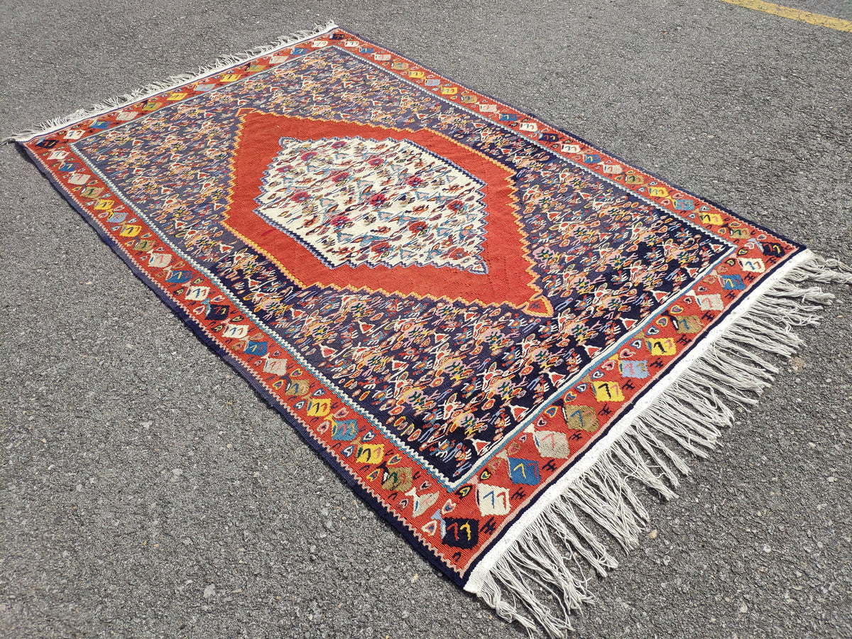 Antique Kilim Rug 4x6: Navy Blue Medallion, Oriental Style