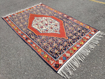 Antique Kilim Rug 4x6: Navy Blue Medallion, Oriental Style