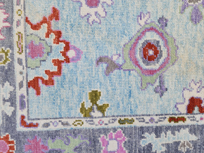 Handwoven 3x6 Oushak Wool Rug: Soft Blue Floral Medallion, Rustic Home Decor