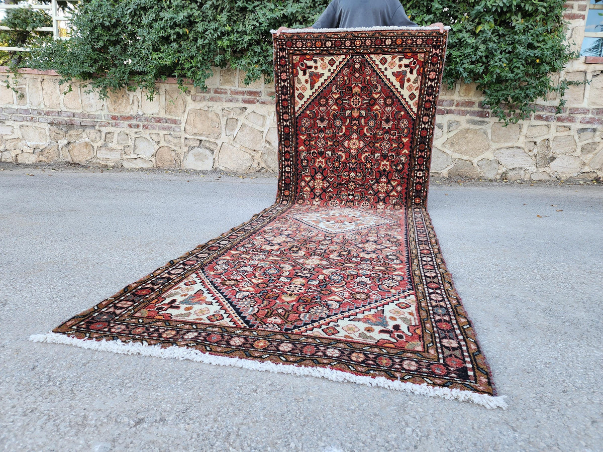 Oriental Boho Runner Rug 3x10: Hand Knotted, Red and White
