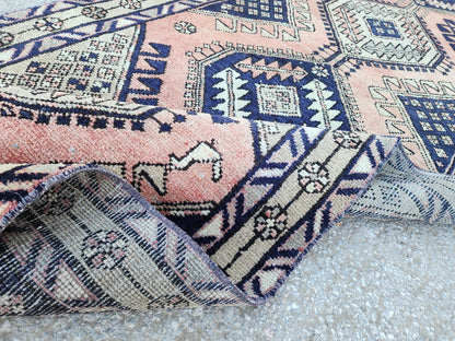 3x10 Hand Made Runner Rug: Persian Medallion Design Rug, Faded Red and Blue Border