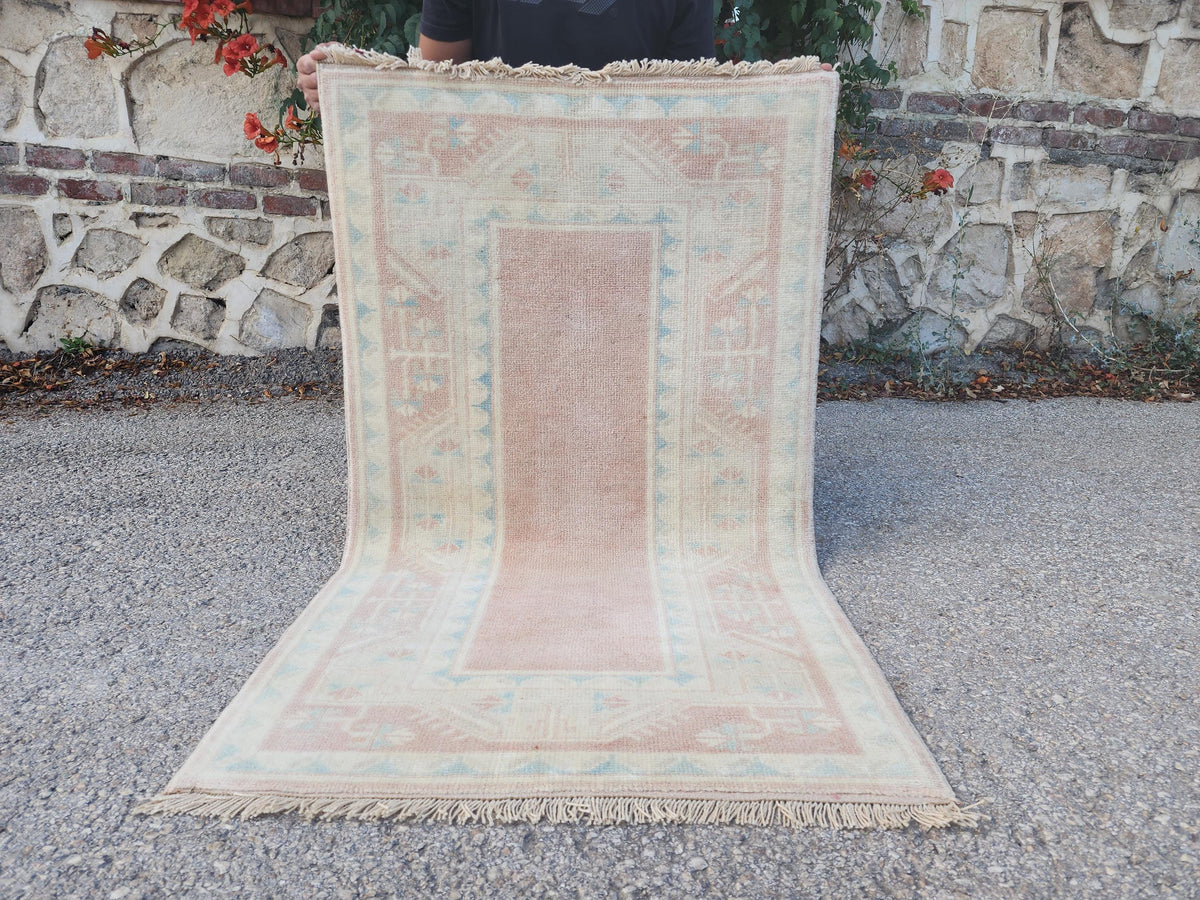 2x4 Mini Runner Rug, Oriental Hand Made Carpet For Boho Decor, Beige and Faded Red