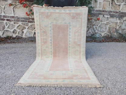 2x4 Mini Runner Rug, Oriental Hand Made Carpet For Boho Decor, Beige and Faded Red