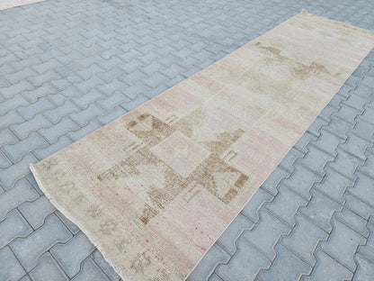 3x11 Turkish Runner Rug: Hand Woven Wool Neutral Beige with Subtle Geometric Pattern