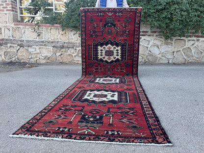 3x9 Vintage Wool Runner Rug: Hand Made, Persian Geometric Design, Medallion Pattern
