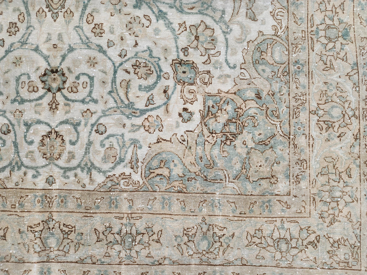 6x11 Neutral Vintage Rug: Green Floral Design Persian Border Design, Hand Knotted
