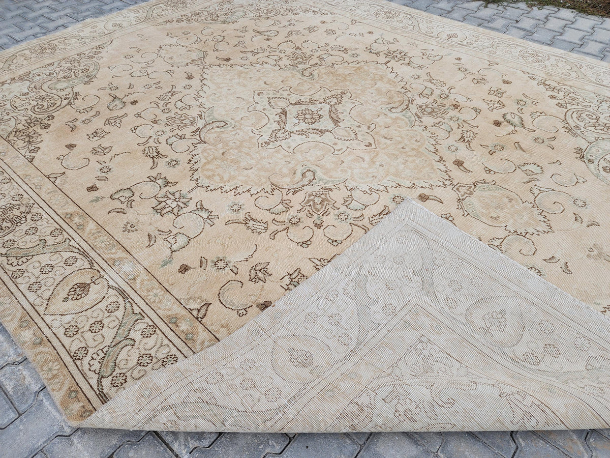 9x12 Neutral Rug, Hand Knotted Medallion Design Carpet, Beige and Brown