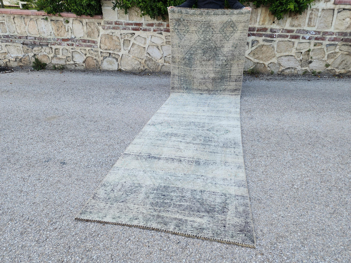 3x11 Vintage Gray Wool Runner Rug: Hand Knotted Hallway Carpet