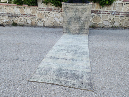 3x11 Vintage Gray Wool Runner Rug: Hand Knotted Hallway Carpet