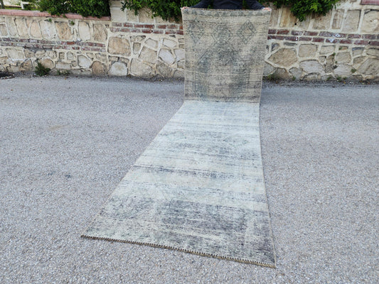 3x11 Vintage Gray Wool Runner Rug: Hand Knotted Hallway Carpet
