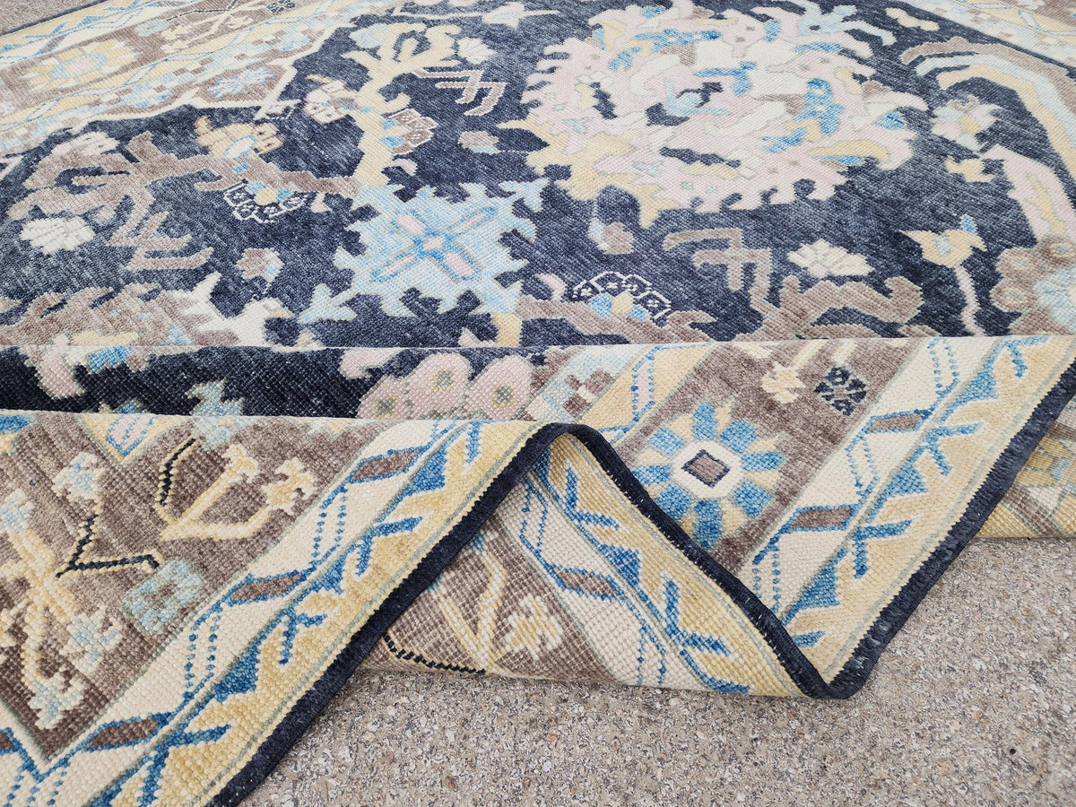 8x11 Navy Blue Oushak Rug: Handwoven Turkish Wool Medallion design, Patina Blue Home Decor