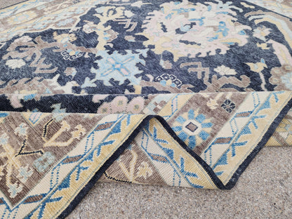 8x11 Navy Blue Oushak Rug: Handwoven Turkish Wool Medallion design, Patina Blue Home Decor