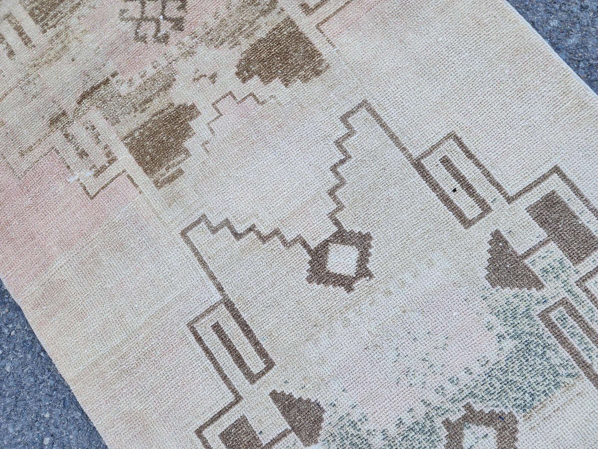 3x14 Neutral Long Runner Rug, Turkish Malatya Hand Made Wool, Beige Geometric Design
