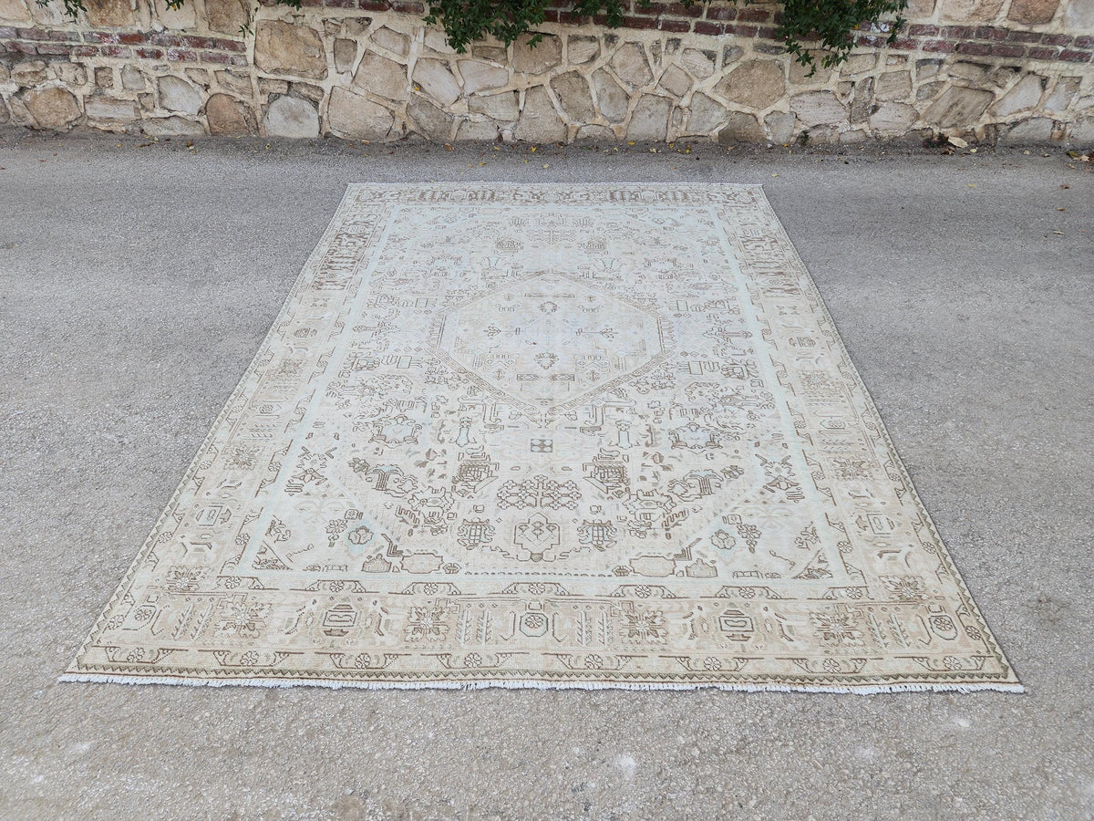 Geometric Neutral Rug 8x11: Beige Wool Hand Knotted Carpet, Rustic Bohem Dining Room Decor