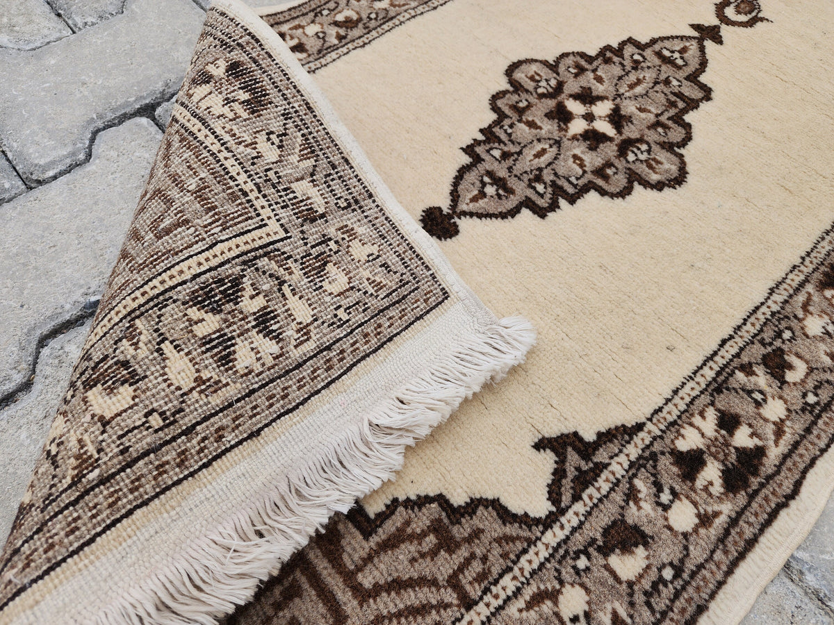 Vintage Turkish Oushak Rug 1x3: Beige Ottoman Wool Rug