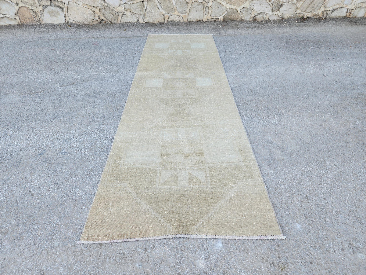 3x11 Neutral Turkish wool Runner: Hand Made Geometric Design
