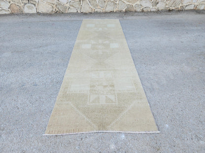 3x11 Neutral Turkish wool Runner: Hand Made Geometric Design