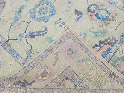 8x10 Oushak Rug: Eco Friendly Carpet,Handwoven Turkish Wool, Pastel Green Vintage Style