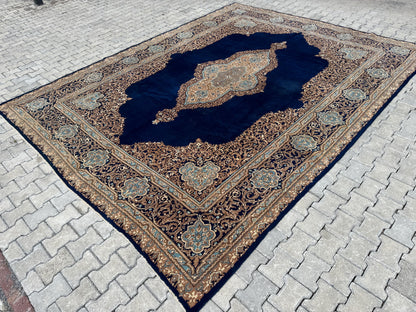 10x13  Vintage Wool Rug, Hand Knotted Turkish Oriental, Neutral Blue Carpet
