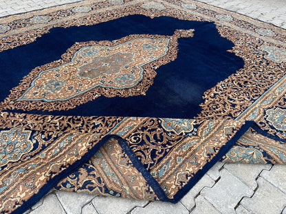 10x13  Vintage Wool Rug, Hand Knotted Turkish Oriental, Neutral Blue Carpet