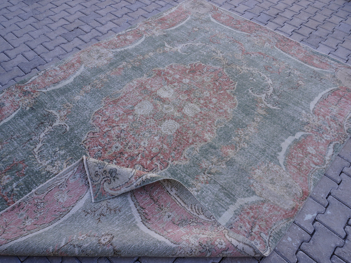 7x10 Handwoven Turkish Rug: Green Wool & Cotton Blend, Home Bohemian Decor