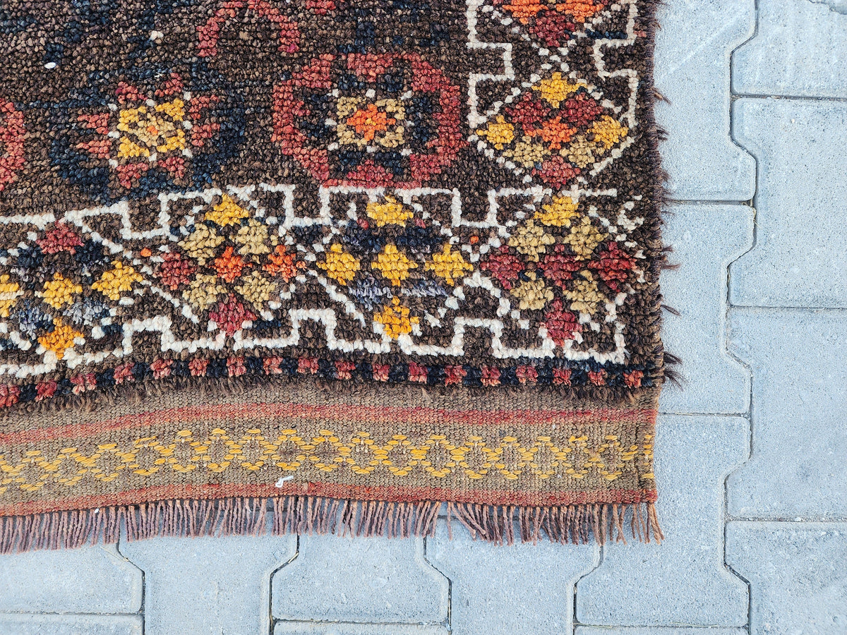 3x9 Vintage Herki Wool Runner Rug: Turkish Bohemian Hallway Rug