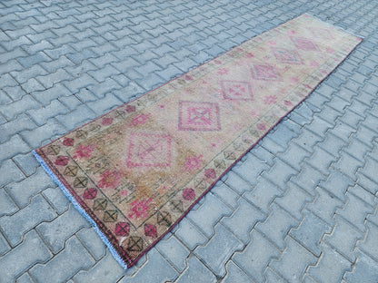 3x11 Hand Made Rustic Rug, Turkish Wool Runner Rug, Hallway Design