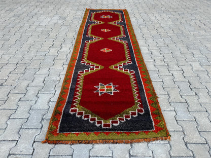 Handwoven Herki Runner Rug: 3x10 Turkish Boho Hallway Decor