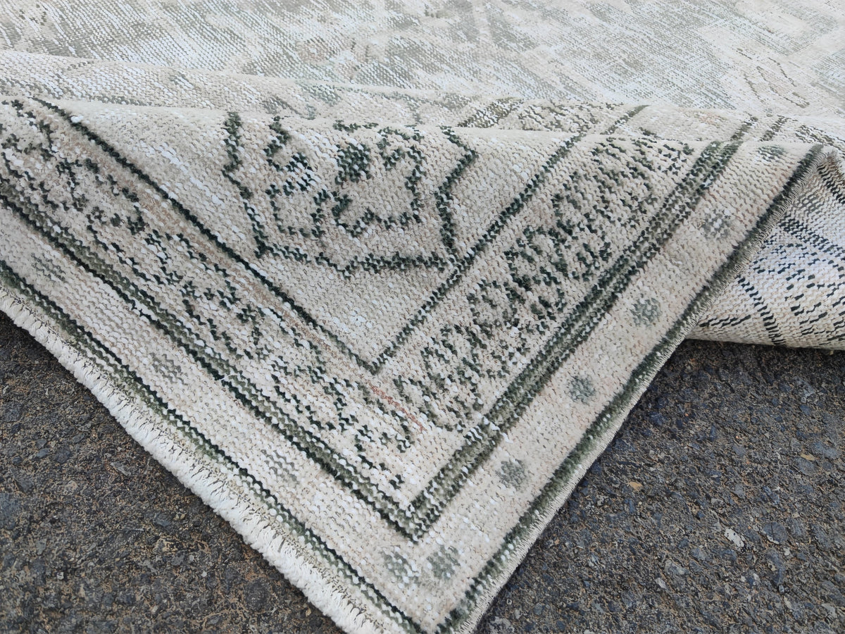 6x10 Hand Knotted Wool Rug: Neutral Green Mid-Century Decor