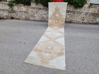 3x13 Hand-Knotted Turkish Wool Runner Rug, Neutral Hallway & Entryway Rug