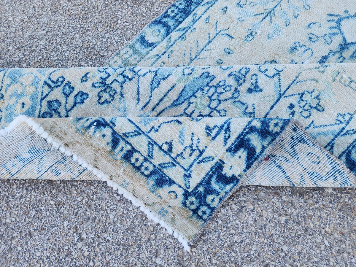 3x10 Boho Rug, Handmade Wool Persian Runner, Blue Floral Boho Hallway Decor