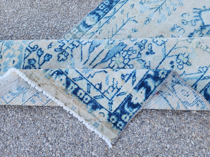 3x10 Boho Rug, Handmade Wool Persian Runner, Blue Floral Boho Hallway Decor