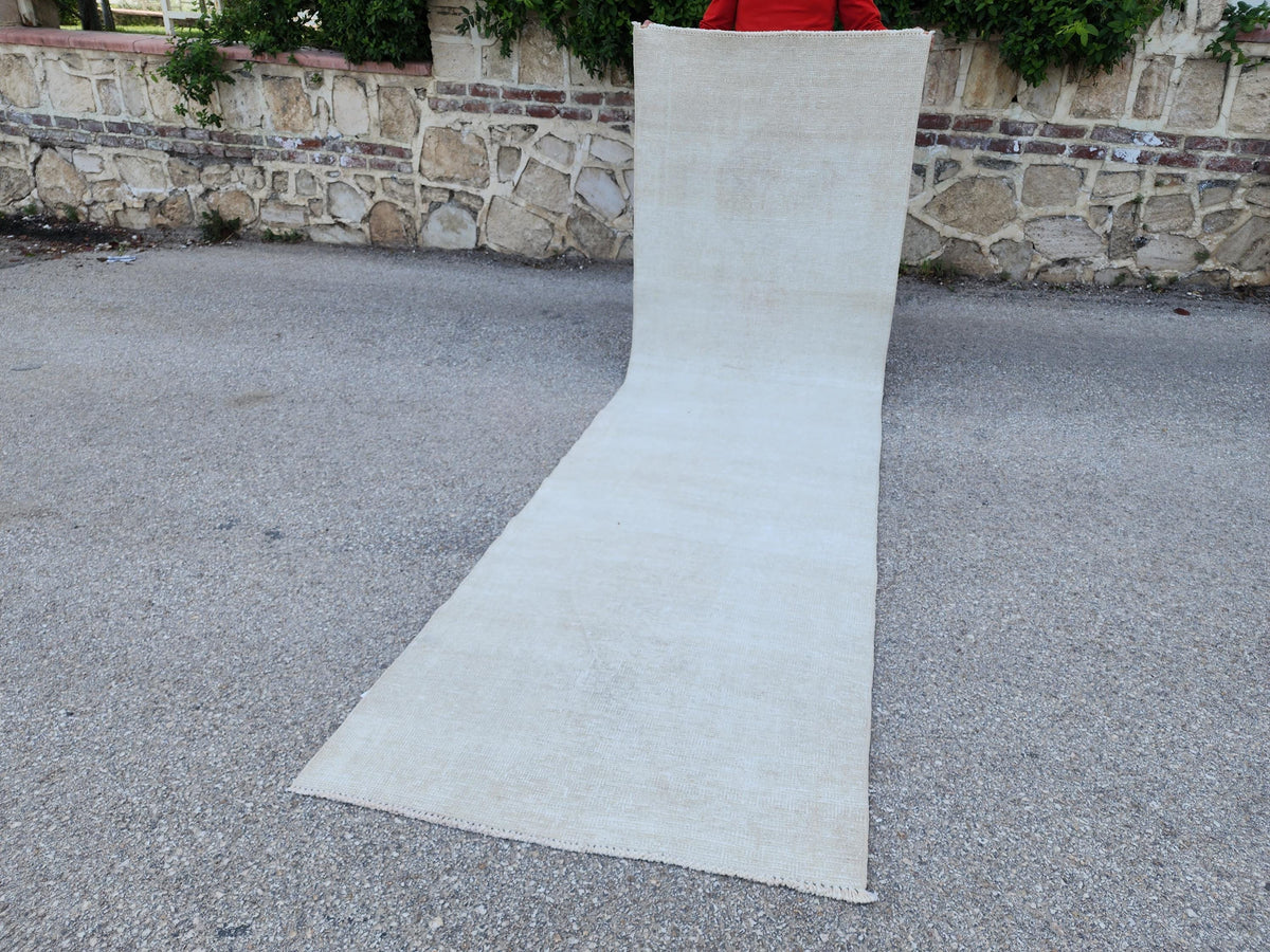 Ivory Wool Runner Rug 3x11: Hand Knotted Turkish Up Cycled Wool, Hallway Decor
