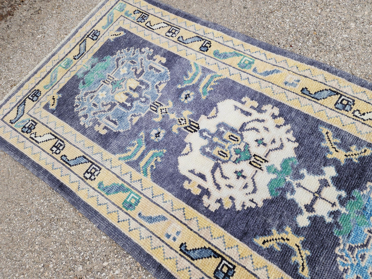 3x13 Turkish Runner, Up Cycled Wool Oushak Hand Made, Ocean Breeze Patina Blue Rug