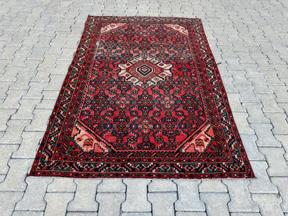 4x7 Vintage Turkish Rug: Red Oushak Handmade Small Rug