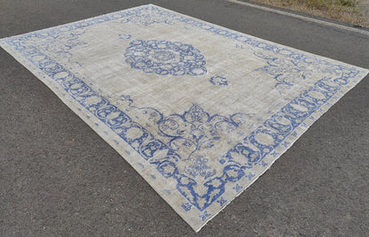9x13 Blue Medallion Turkish Oushak Rug: Hand-Knotted Wool Vintage Rug