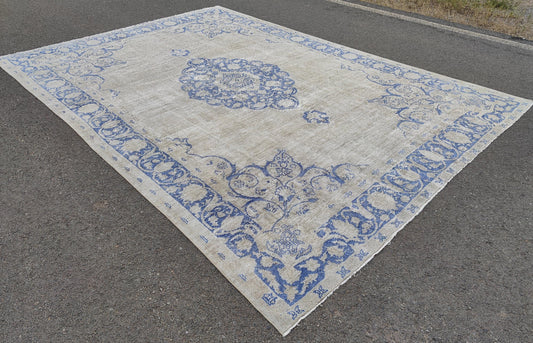 9x13 ft Turkish Vintage Oushak Wool Rug – Blue, Living Room