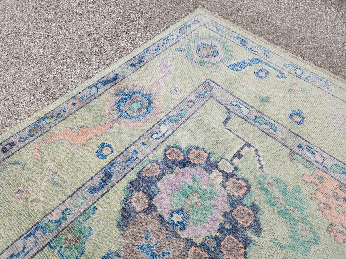 8x10 Oushak Rug: Eco Friendly Carpet,Handwoven Turkish Wool, Pastel Green Vintage Style