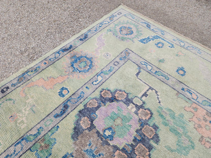 8x10 Oushak Rug: Eco Friendly Carpet,Handwoven Turkish Wool, Pastel Green Vintage Style