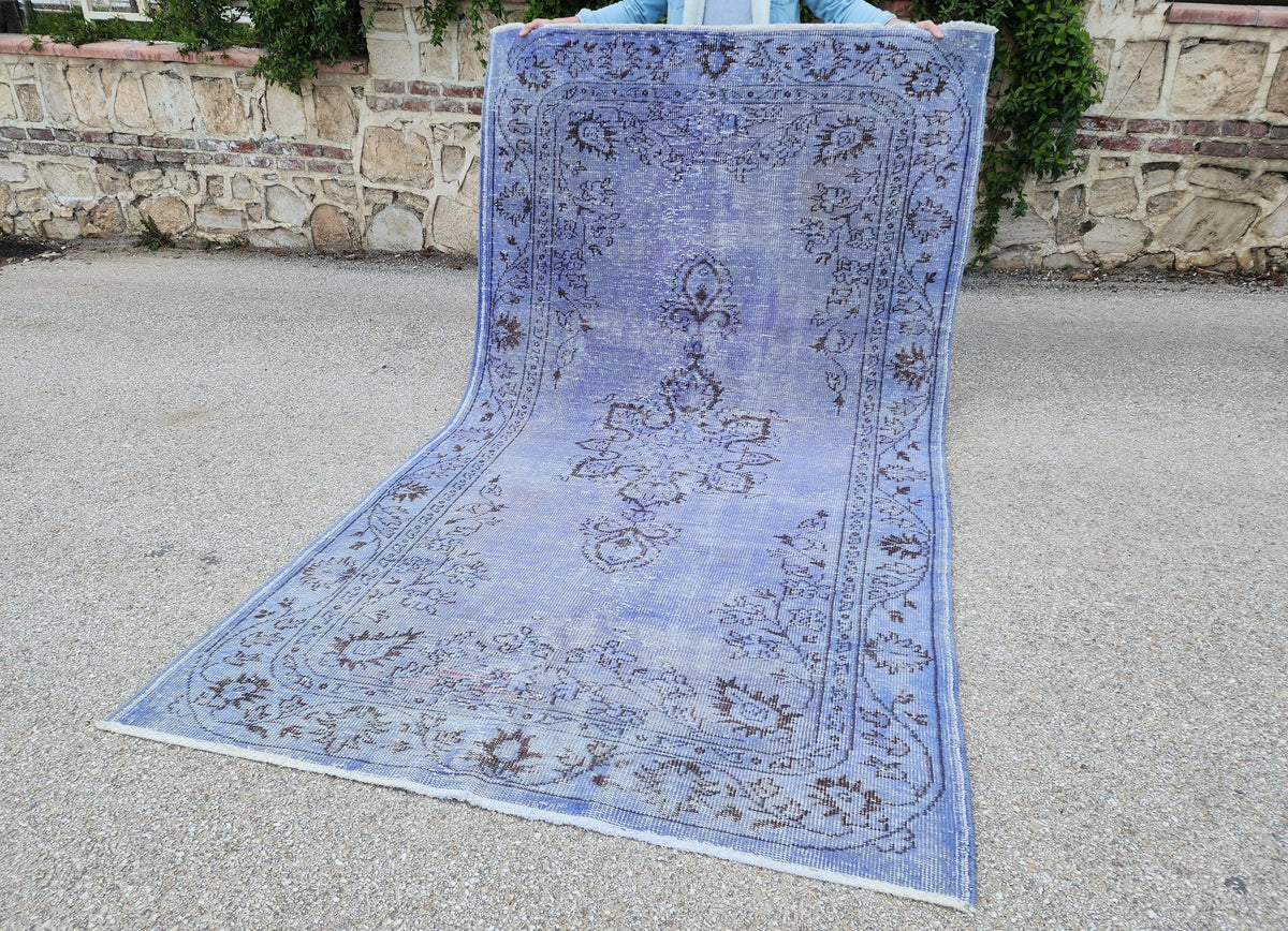 Vintage Blue Turkish Oushak Rug 5x9: Handwoven Wool Area Rug