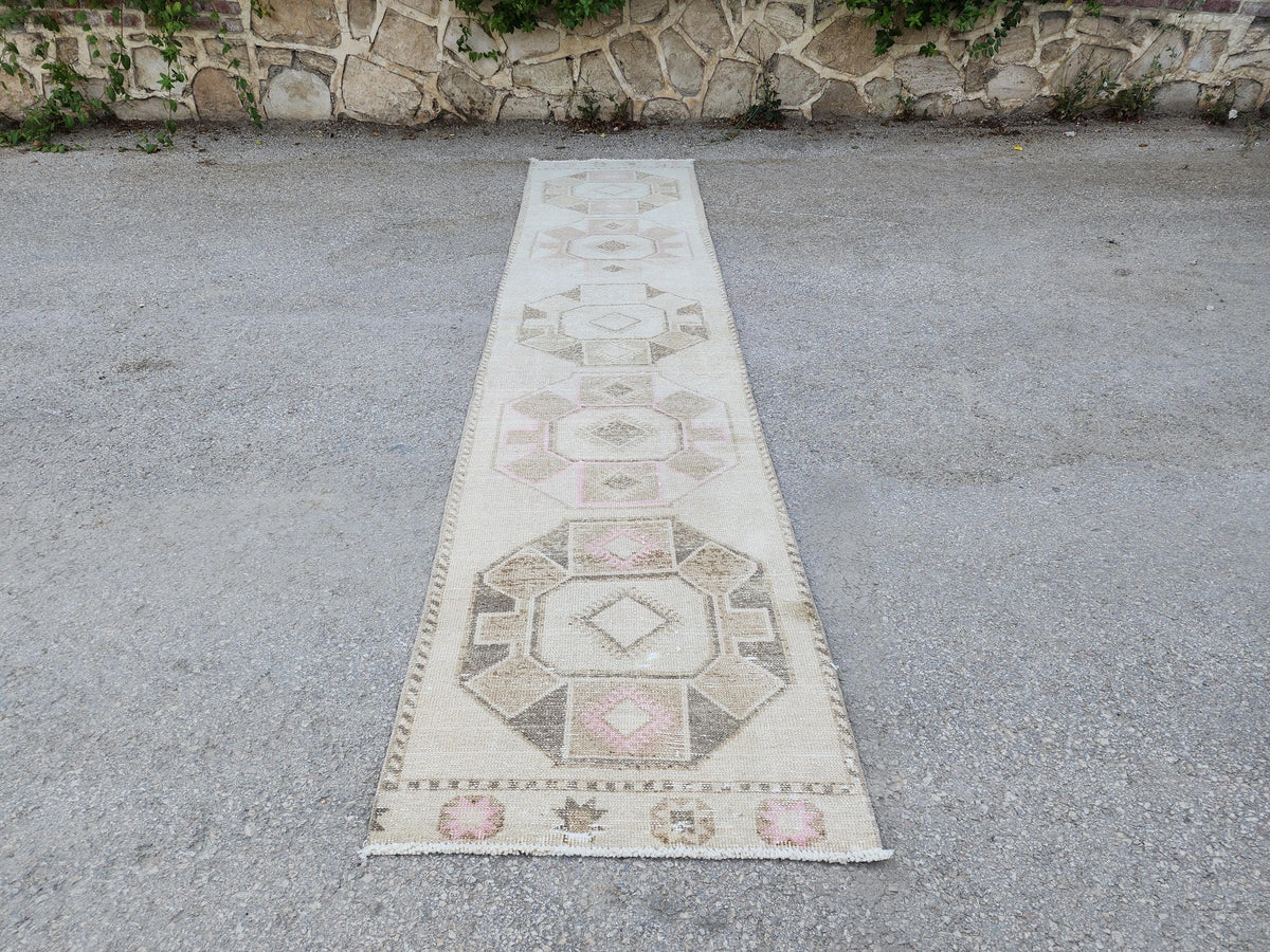 Neutral 3x12 Runner Rug, Turkish Hand Knotted Beige Wool Carpet, Hallway Boho Decor