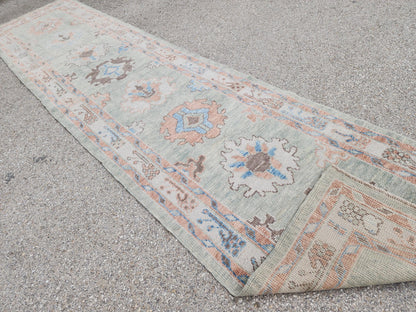 3x13 Oushak Runner Rug: Handwoven Turkish Wool, Soft Green, Eco Friendly